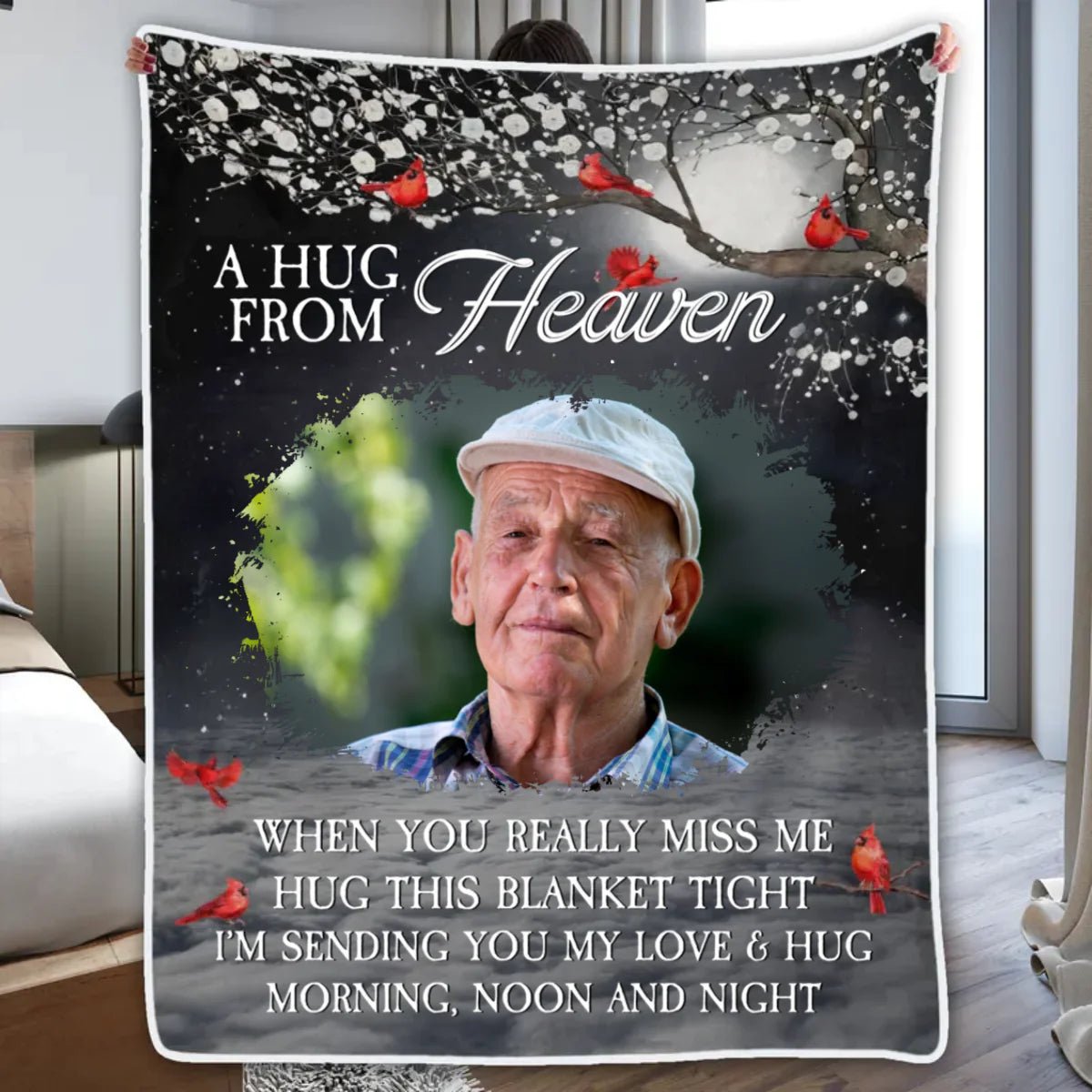A Hug from Heaven - Custom Photo Memorial Cardinal Throw Blanket - Rustic Design CO
